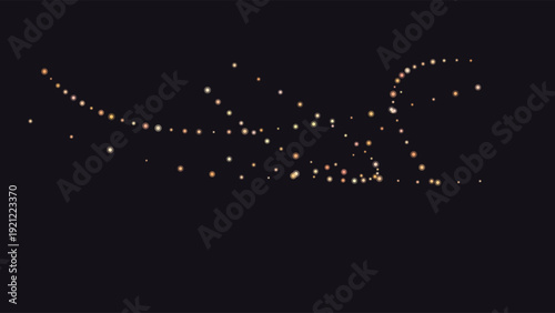 Abstract digital constellation of glowing dots forming a stylized curved shape against deep black background, minimalist cosmic design with warm golden lighting and vibrant color accents