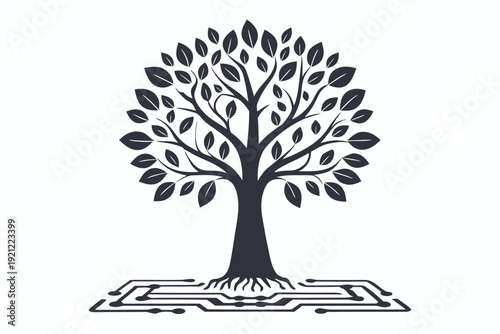 Abstract Bio-Technology Silhouette, Nature Merging with Computer Circuit Board Vector Illustration