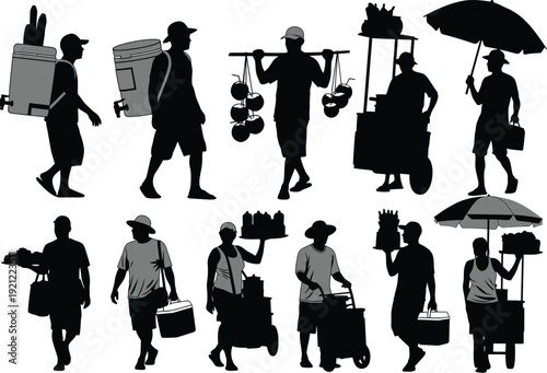 Street vendors selling various goods like bread, fruits, and drinks from carts and backpacks in a bustling urban setting.