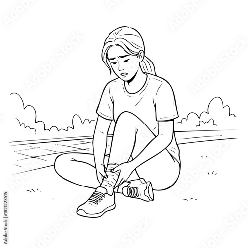 A minimalist black and white vector sketch of a sad female runner sitting on the grass and holding her injured ankle. Conceptual artwork for sports pain and rehabilitation.