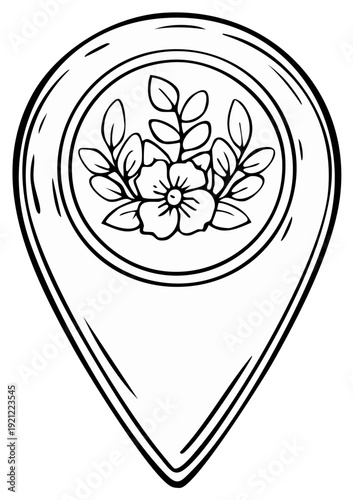 Location pin icon with floral illustration simple line drawing symbol