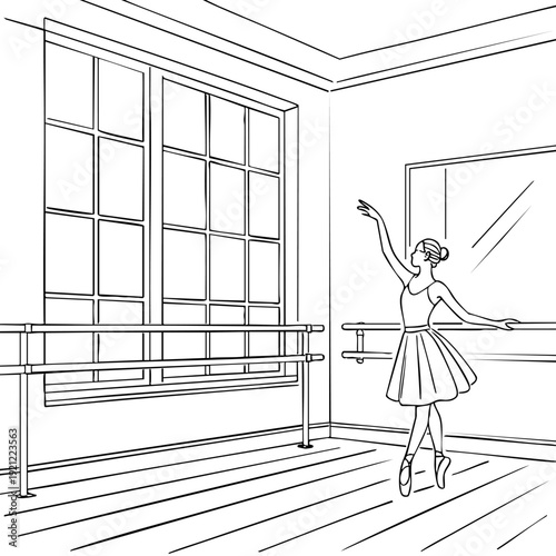 A minimalist vector illustration of a graceful ballet dancer in a tutu and pointe shoes standing at a barre in a studio with a large window. Conceptual design for art, discipline, and classical dance.