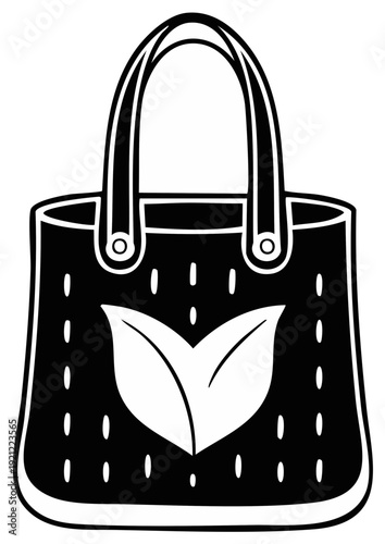 Simple black tote bag with a leaf symbol and stitching detail, line art illustration