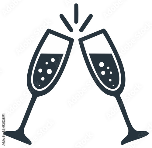 Cheers icon with two sparkling wine glasses clinking for a party or wedding celebration