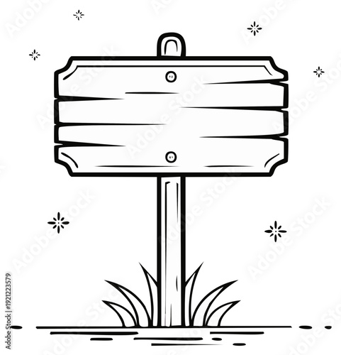 Blank wooden signpost in field with grass and decorative sparkles