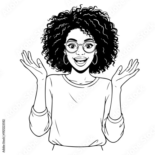 A minimalist vector illustration of a cheerful woman with curly hair and glasses, looking surprised with her hands raised in excitement. Conceptual design for amazement, success, and positive news