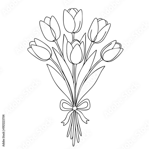 A minimalist vector drawing of seven tulips tied with a decorative bow. Simple botanical composition for spring greetings, Mother's Day, and wedding invitations.