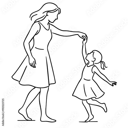 A minimalist drawing of a woman and a little girl holding hands and dancing. Conceptual scene of motherhood, family joy, childhood happiness, and parent-child bonding.