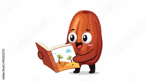 A cheerful cartoon coconut character reading a travel book with a beach scene on the page against a clean white background.