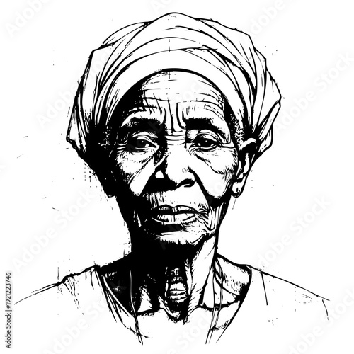 A powerful minimalist drawing of an old woman with deep wrinkles and a traditional headwrap. Conceptual art representing aging, wisdom, life experience, and heritage.