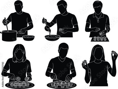 Silhouettes of individuals preparing and plating delicious cupcakes, showcasing the process of baking and decorating sweet treats.