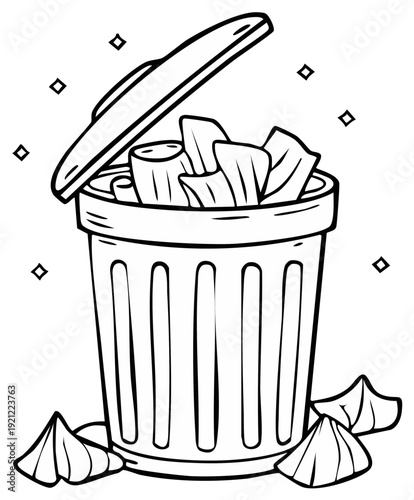 Cartoon trash can with open lid and overflowing garbage, black and white