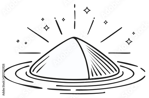 Stylized Asian conical hat in water with radiating light and stars