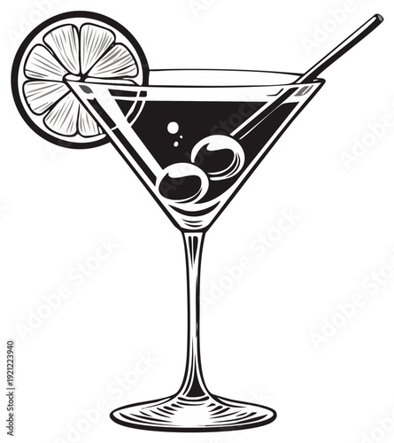 Elegant classic martini cocktail in a stylized glass with olives and citrus illustration