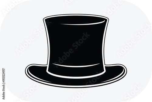 A black top hat with a wide brim and tall crown