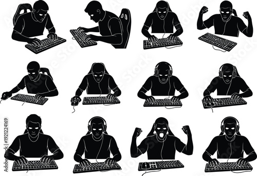 Collection of black and white silhouette illustrations depicting gamers intensely playing video games on computers.