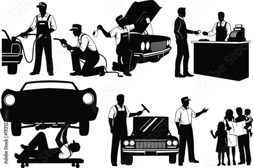 Auto service icons: filling gas, mechanic fixing car, customer paying, car wash, family