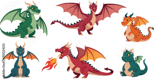 Fantasy dragon cartoon character collection with different poses fire breathing wings and cute medieval creature vector illustration set.