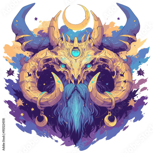 Ornate mystical ram's head deity with golden horns, blue beard, and cosmic background.