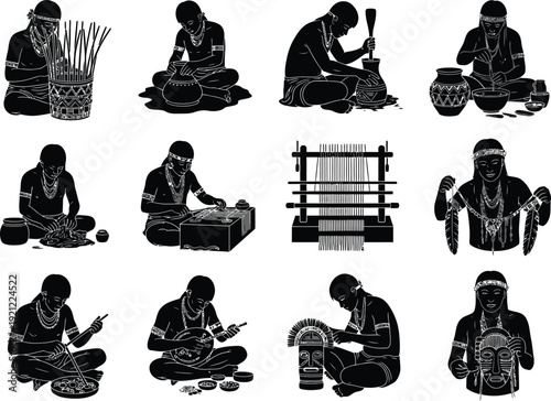 Indigenous people in silhouette crafting traditional items, showing pottery, weaving, and mask making.