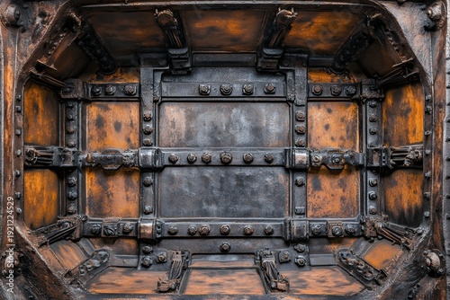 Massive ancient metal door with rust and rivets