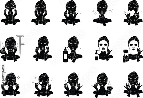 Woman applying beauty products for skincare, showing exfoliation, toner, serum, and face masks.