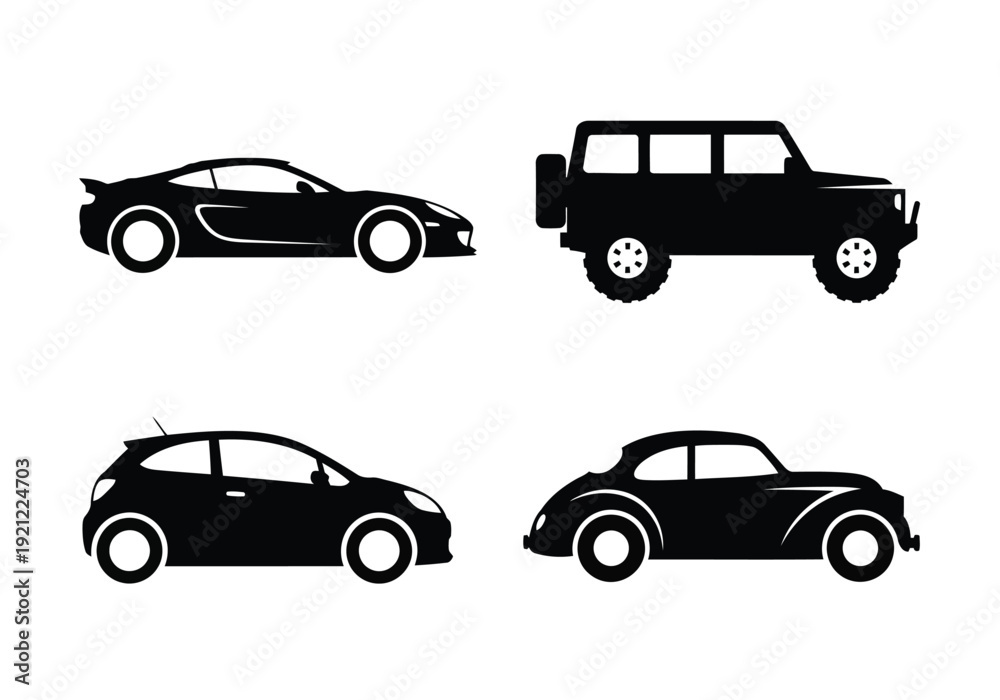 Fototapeta premium Variety of black car outlines: sports car, vintage car, compact car, and off-road vehicle
