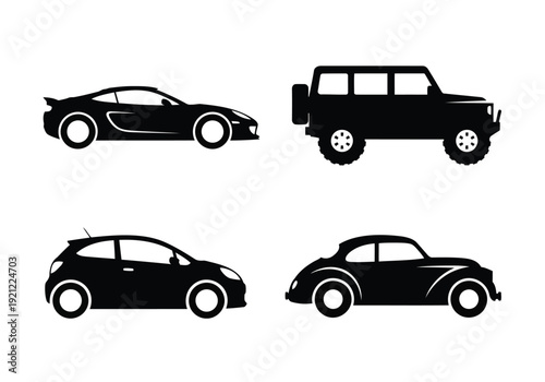Variety of black car outlines: sports car, vintage car, compact car, and off-road vehicle