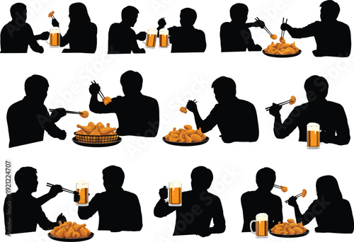 Silhouettes of people enjoying fried chicken and beer, shown in various actions like eating, drinking, and holding food.