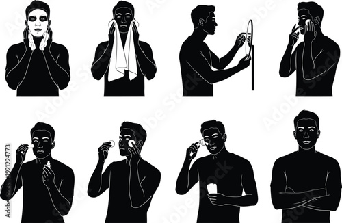 Set of male skincare routine illustrations: applying face mask, washing, shaving, using serum and creams, isolated on white background