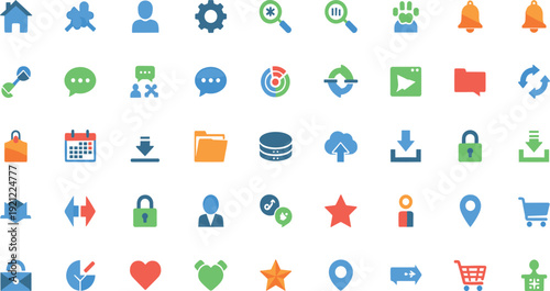 Flat colorful web and mobile user interface icons set with communication security navigation shopping and multimedia symbols vector collection.