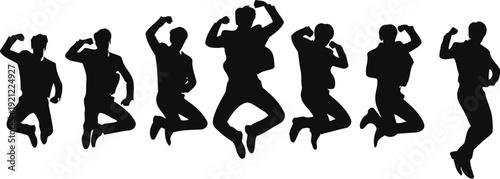 Energetic group of businessmen in silhouette jumping in unison, conveying dynamism and success.