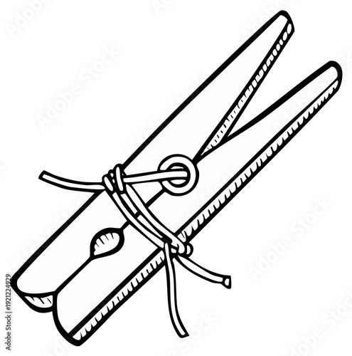 Simple hand drawn sketch of a wooden clothespin secured with string illustration