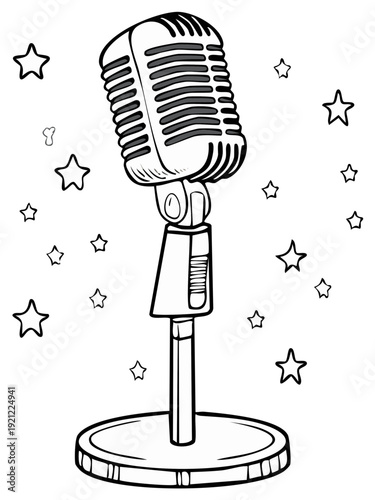 Retro microphone illustration surrounded by stars for entertainment.
