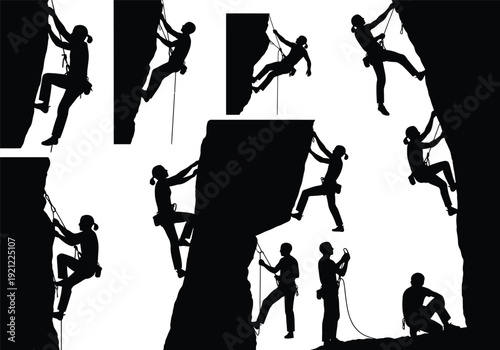 Intense silhouette illustrations of rock climbers navigating treacherous cliff faces with determination and focus