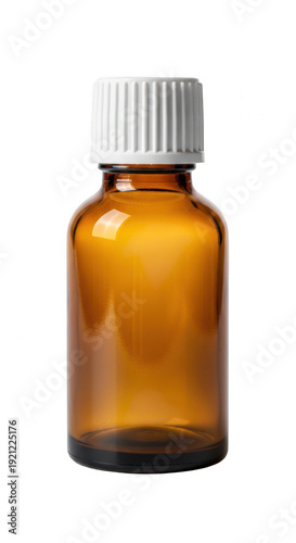 A small amber glass bottle with a white cap on transparent background