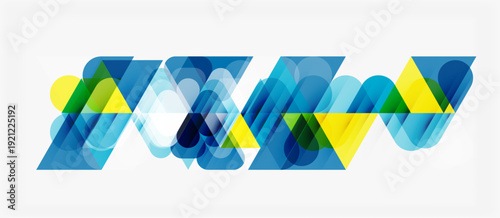 Abstract geometric shapes overlap, creating vibrant blue, yellow tones. Modern design suggests movement, depth, complexity.