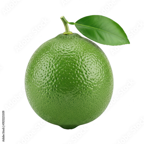 A green lime with a leaf on transparent background