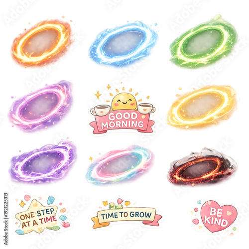 colorful energy rings with radiant auras, glowing aura circles, vibrant neon ring effects, abstract energy halo design, rainbow light spectrum rings, luminous cosmic portal art, radiant chakra inspire