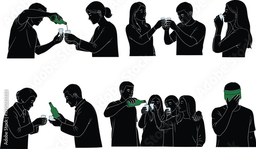 Set of diverse individuals silhouetted while pouring and drinking alcoholic beverages, highlighting social drinking and celebrations.