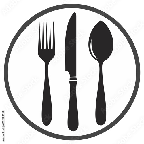Cutlery Icons in a Circular Frame: Silhouette of a Fork, Knife, and Spoon Set for Dining in a Restaurant