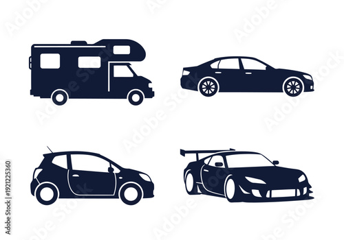 Vehicle types collection. rv, sedan, hatchback, and racing car. flat vector illustration