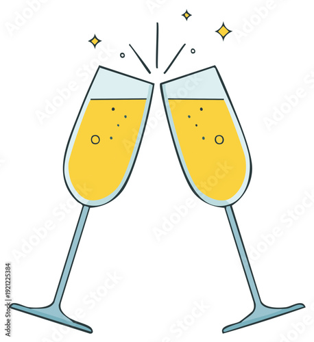 Two sparkling champagne flutes clinking in a festive celebration toast illustration