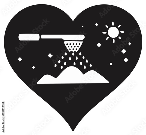 Heart with sifting sugar and sun, stars, and mountains silhouette icon