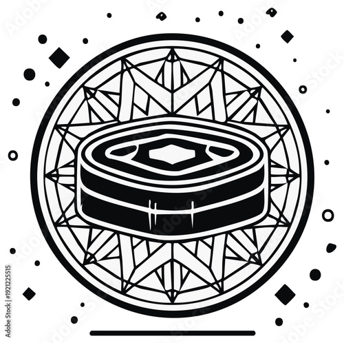 Stylized vector drawing of a hockey puck surrounded by geometric shapes in monochrome