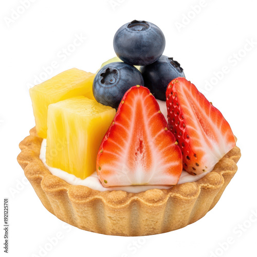 A delicious fruit tart with strawberries, blueberries, and pineapple on transparent background