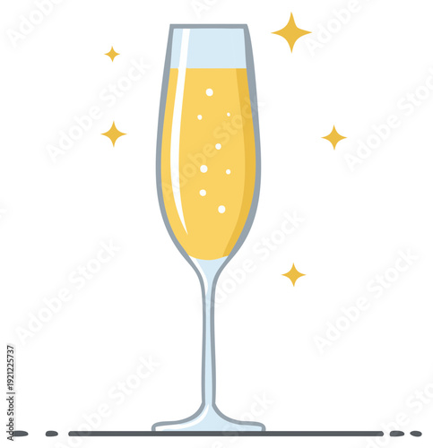 Elegant Champagne Glass with Bubbles and Sparkling Stars Symbolizing Celebration and Festive Events