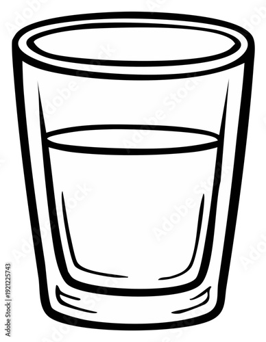 Cartoon-style illustration of a clear glass, half-filled with liquid