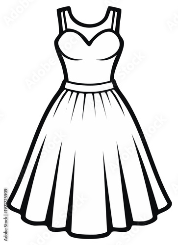 Dress illustration: elegant woman's formal dress with straps and sweetheart neckline design in black and white outline