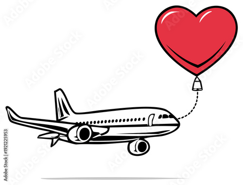 Airplane flying with red heart balloon symbolizing love and travel concept